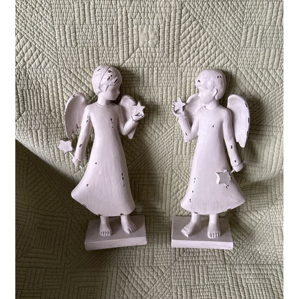 Setof 2 White Wood Angel Figurines Holding Stars Distressed Shabby Chic 10" Folk